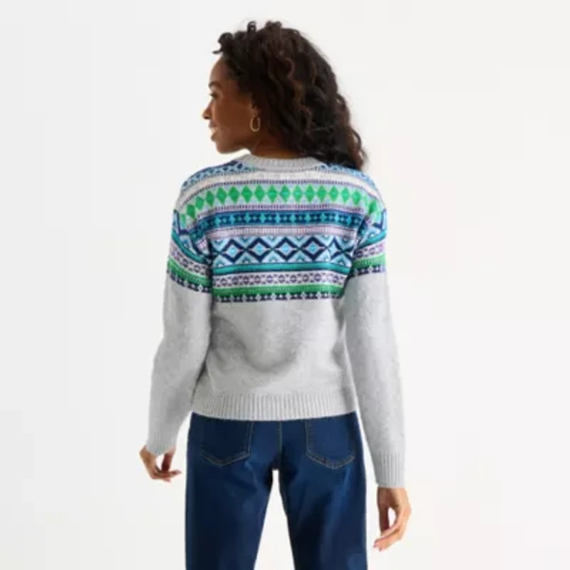 St. John's Bay Womens Crew Neck Long Sleeve Striped Pullover Sweater