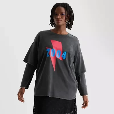 Joaquina for JCPenney Womens Crew Neck Long Sleeve Juniors Plus T-Shirt