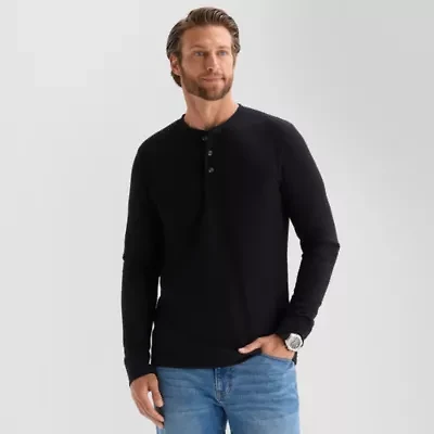 St. John's Bay Waffle Mens Henley Neck Long Sleeve Classic Fit Thermal Top
