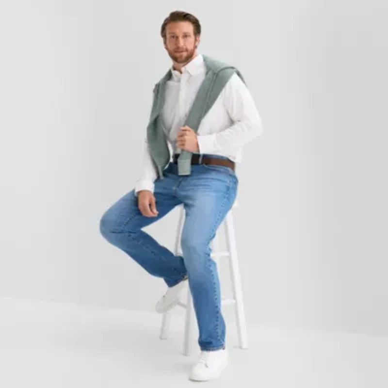 St. John's Bay Washed Oxford Mens Long Sleeve Classic Fit Stretch Fabric Button-Down Shirt