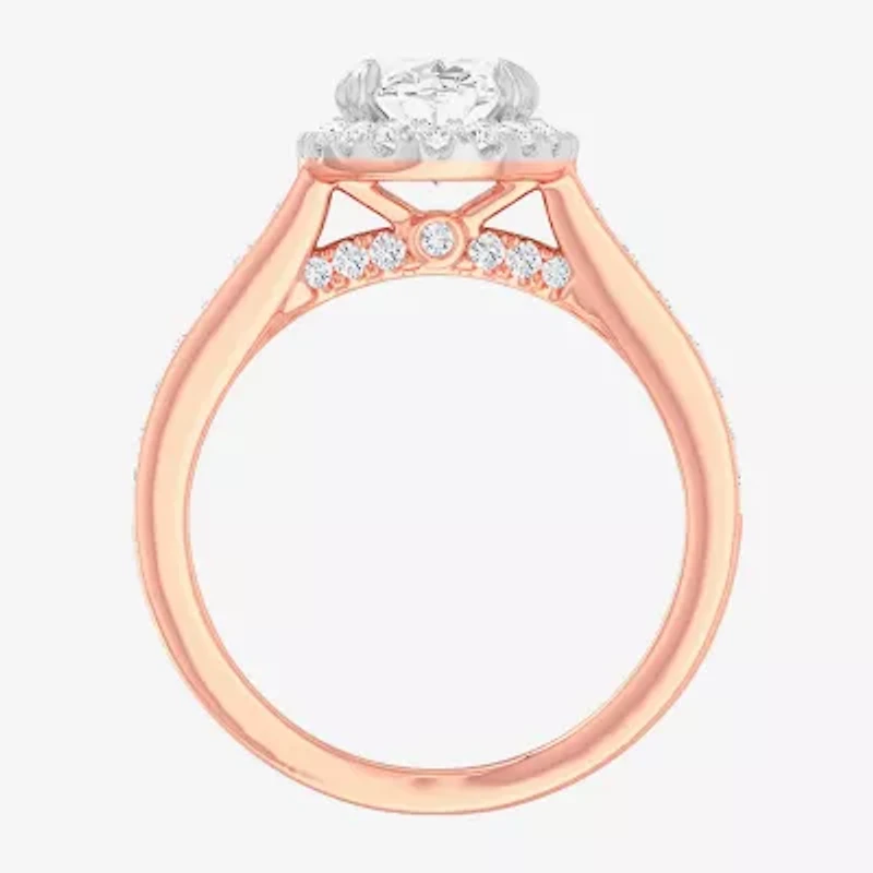 (G-H / Si1-Si2) Womens 2 1/2 CT. T.W. Lab Grown White Diamond 14K Gold Oval Side Stone Halo Engagement Ring