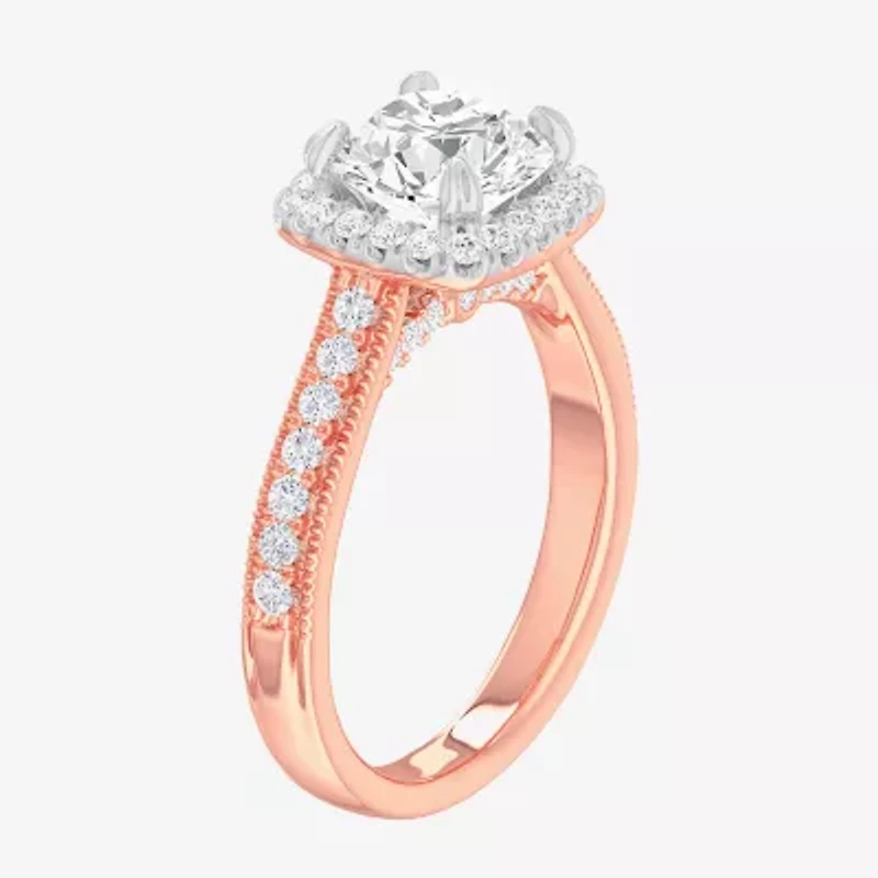 G-H / Si1-Si2) Womens 1/ CT. T.W. Lab Grown White Diamond 14K Gold Cushion Side Stone Halo Engagement Ring