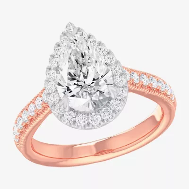 (G-H / Si1-Si2) Womens 2 1/2 CT. T.W. Lab Grown White Diamond 14K Gold Pear Side Stone Halo Engagement Ring