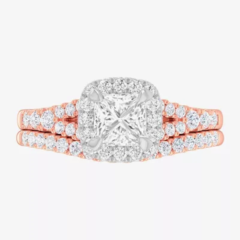 G-H / Si1-Si2) Womens 1 / CT. T.W. Lab Grown White Diamond 14K Gold Cushion Side Stone Halo Bridal Set