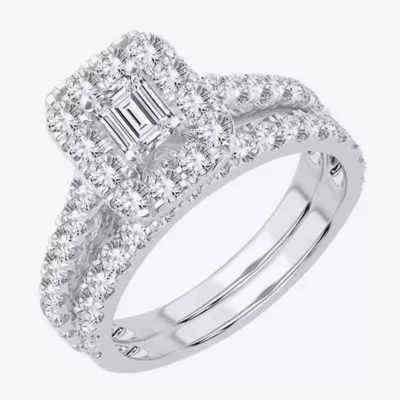 Womens 2 CT. T.W. Natural White Diamond 10K White Gold Halo Bridal Set