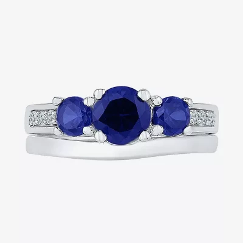 Modern Bride Gemstone Womens Blue & White Lab Created Sapphire Sterling Silver Bridal Set