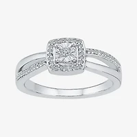 Womens 1/8 CT. T.W. Natural White Diamond Sterling Silver Cushion Side Stone Halo Promise Ring