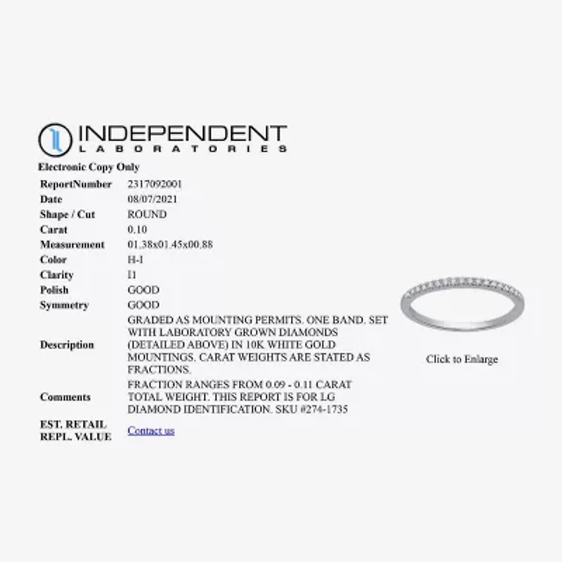 H-I / I1) Womens / CT. T.W. Lab Grown White Diamond 10K Gold Wedding Band