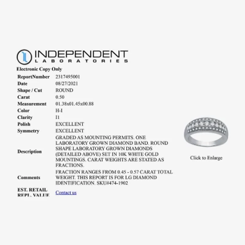 (H-I / I1) Womens 1/2 CT. T.W. Lab Grown White Diamond 10K Gold Anniversary Band