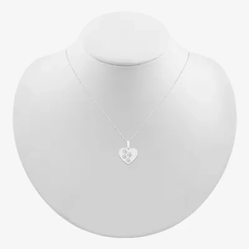 Womens 10K White Gold Cut-out Paw Print Heart Pendant Necklace
