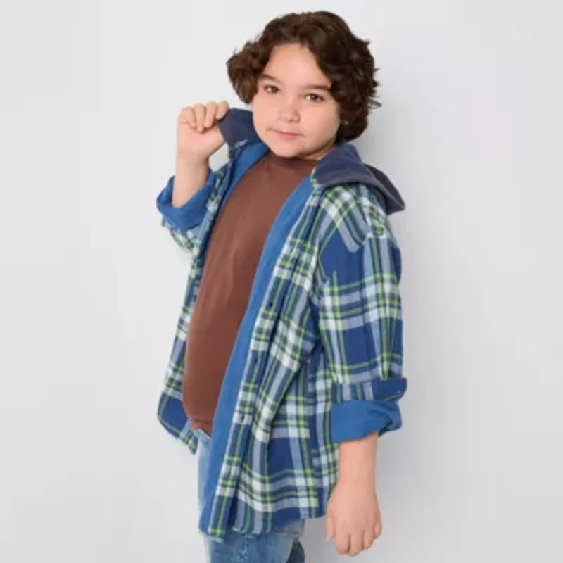 Thereabouts Little & Big Kid Boys Hooded Long Sleeve Hooded Regular Fit Flannel Shirt