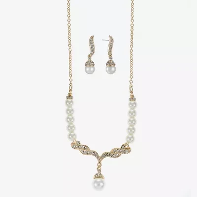 Monet® Simulated Pearl and Crystal Gold-Tone Drop Earring and Necklace Set