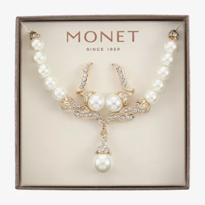 Monet® Simulated Pearl and Crystal Gold-Tone Drop Earring and Necklace Set