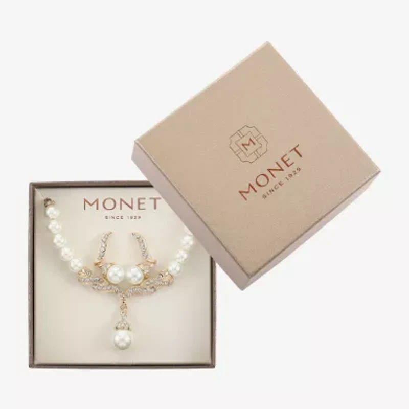 Monet® Simulated Pearl and Crystal Gold-Tone Drop Earring and Necklace Set