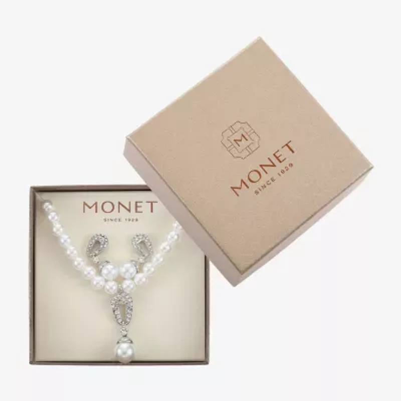 Monet® Simulated Pearl Crystal Double Drop Earring and Necklace Boxed Set