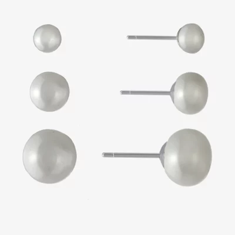 Silver Treasures Cultured Freshwater Pearl Womens White Sterling Silver 3 Pair Earring Set