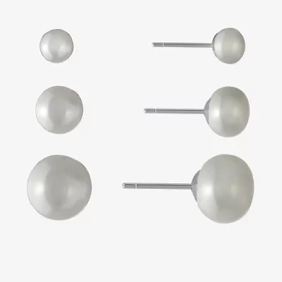 Silver Treasures Cultured Freshwater Pearl Womens White Sterling Silver 3 Pair Earring Set