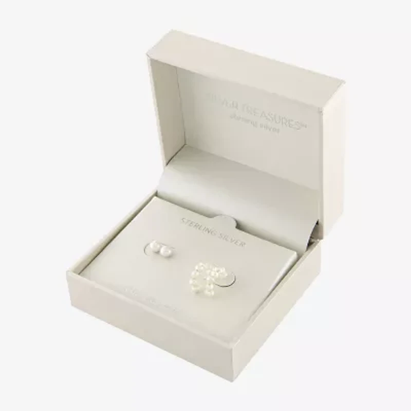 Silver Treasures Cultured Freshwater Pearl Womens White Sterling Silver 2 Pair Earring Set