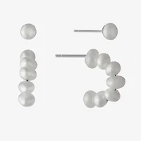 Silver Treasures Cultured Freshwater Pearl Womens White Sterling Silver 2 Pair Earring Set