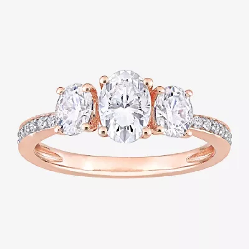 Womens Lab Created White Moissanite 10K Rose Gold 3-Stone Engagement Ring