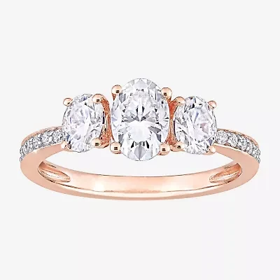 Womens Lab Created White Moissanite 10K Rose Gold 3-Stone Engagement Ring