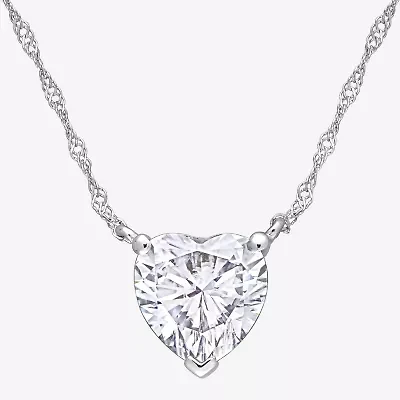 Womens Lab Created White Moissanite 10K White Gold Heart 17 Inch Pendant Necklace