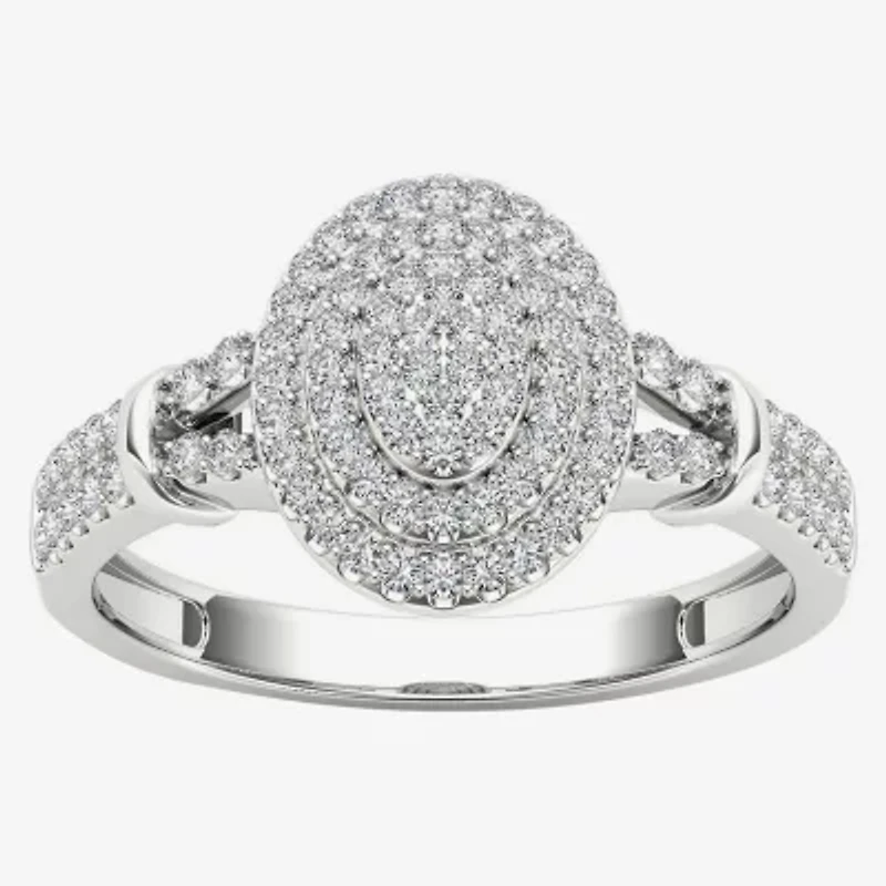 Womens 1/4 CT. T.W. Natural White Diamond 10K Gold Oval Side Stone Halo Engagement Ring