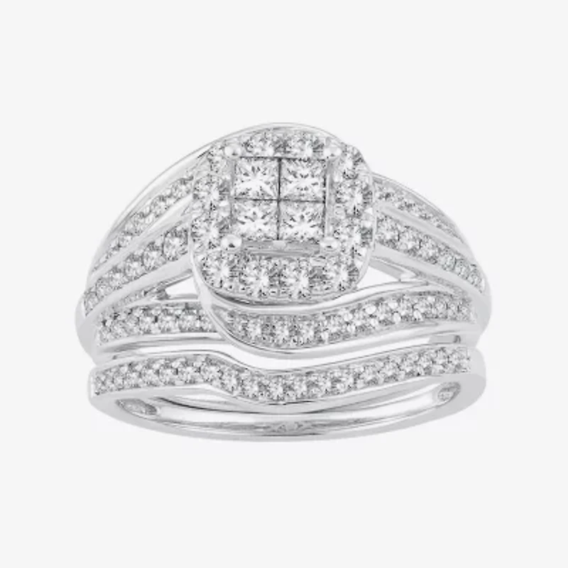 Womens 1/ CT. T.W. Natural White Diamond 10K White Gold Cushion Bridal Set