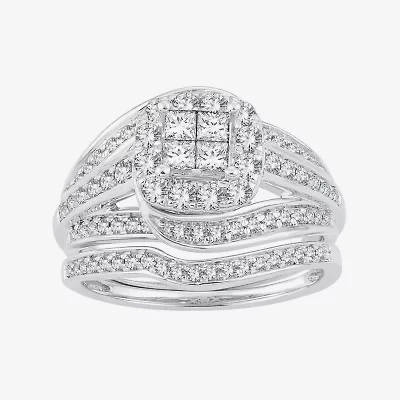 Womens 1/ CT. T.W. Natural White Diamond 10K White Gold Cushion Bridal Set