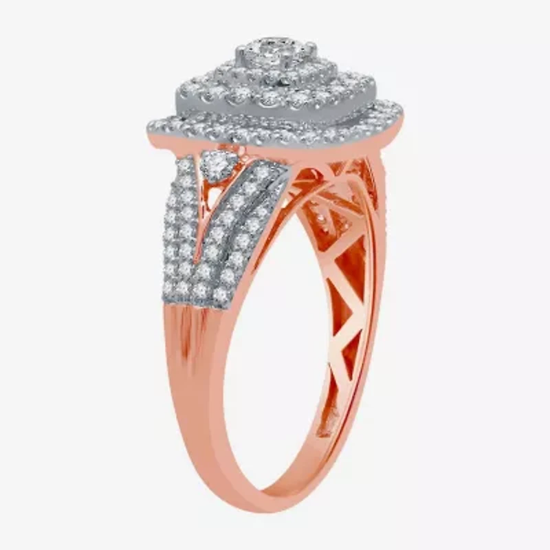 (H-I / I1) Womens 1 CT. T.W. Lab Grown White Diamond 10K Rose Gold Side Stone Halo Bridal Set