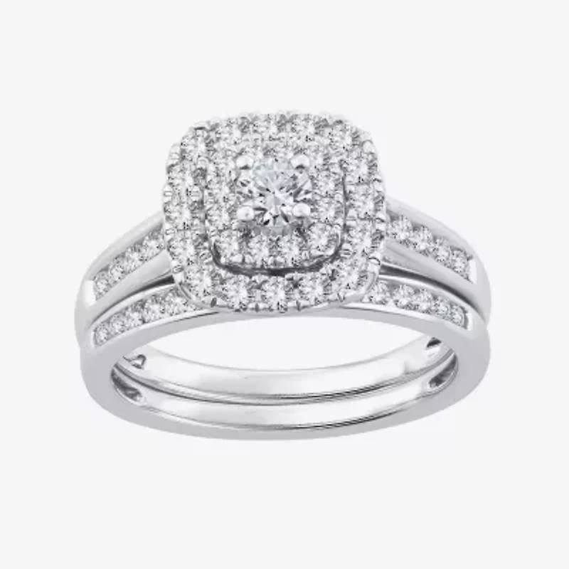 Womens / CT. T.W. Natural White Diamond 10K Gold Cushion Side Stone Halo Bridal Set