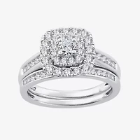 Womens / CT. T.W. Natural White Diamond 10K Gold Cushion Side Stone Halo Bridal Set