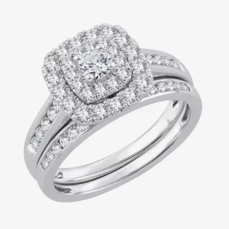 Womens / CT. T.W. Natural White Diamond 10K Gold Cushion Side Stone Halo Bridal Set