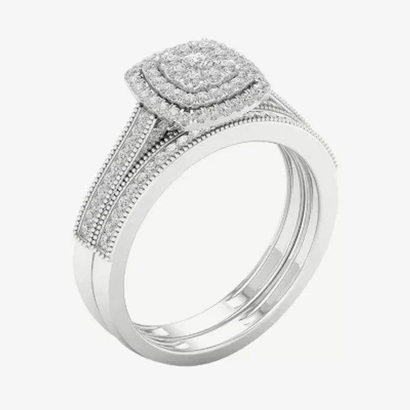 Womens 1/ CT. T.W. Natural White Diamond 10K Gold Cushion Halo Bridal Set