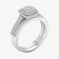 Womens 1/ CT. T.W. Natural White Diamond 10K Gold Cushion Halo Bridal Set