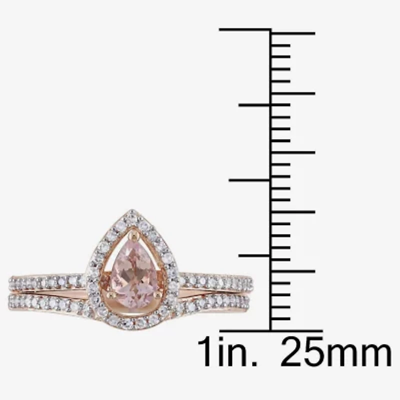 Modern Bride Gemstone Womens 3/4 CT. T.W. Genuine Pink Morganite 10K Gold Pear Side Stone Halo Bridal Set