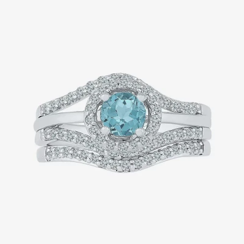 Modern Bride Gemstone Genuine Aquamarine & 1/2 CT. T.W Diamond Sterling Silver Bridal Set