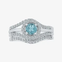 Modern Bride Gemstone Genuine Aquamarine & 1/2 CT. T.W Diamond Sterling Silver Bridal Set