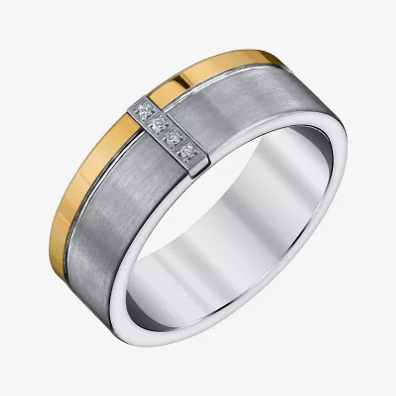 Mens 8MM Diamond Accent Natural White Tungsten Wedding Band