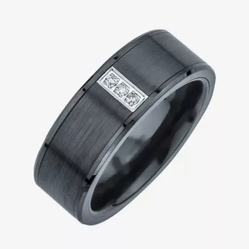 Mens Diamond-Accent Black Stainless Steel & Ceramic 3-stone Wedding Band