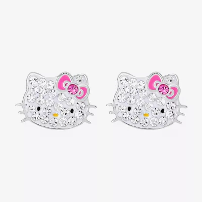 Girls White Crystal Sterling Silver 8.1mm Hello Kitty Hoop Earrings