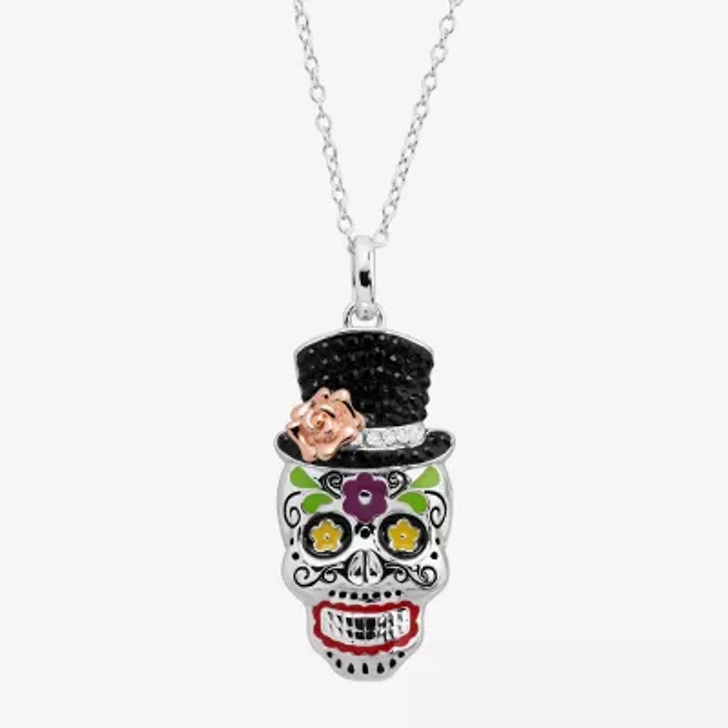Limited Quantities! Womens Black Crystal Sterling Silver Skull 18 Inch Pendant Necklace