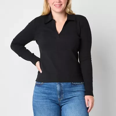 a.n.a Ribbed Womens Long Sleeve Rib Polo Shirt