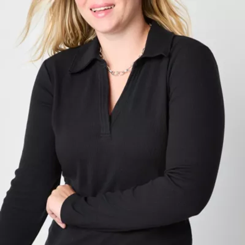 a.n.a Ribbed Womens Long Sleeve Rib Polo Shirt