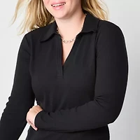 a.n.a Ribbed Womens Long Sleeve Rib Polo Shirt