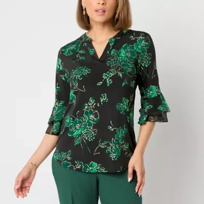Black Label by Evan-Picone Womens V Neck 3/4 Sleeve Blouse