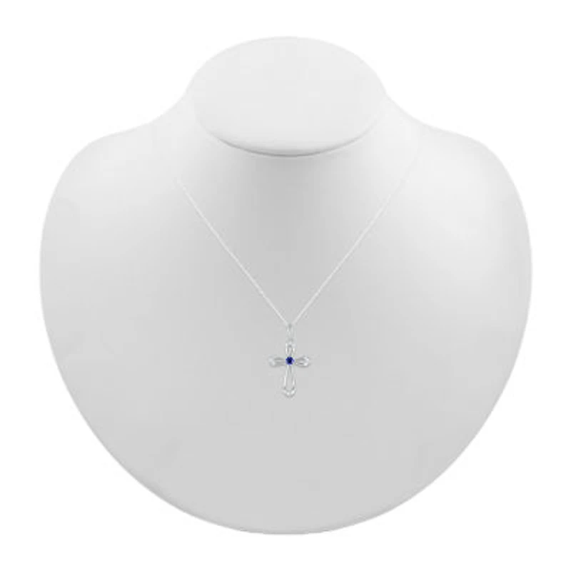 Womens Lab Created Blue Sapphire Sterling Silver Cross 18 Inch Pendant Necklace