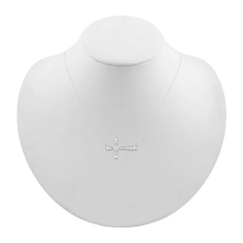 Sideways Womens Lab Created White Sapphire Sterling Silver Cross 18 Inch Pendant Necklace