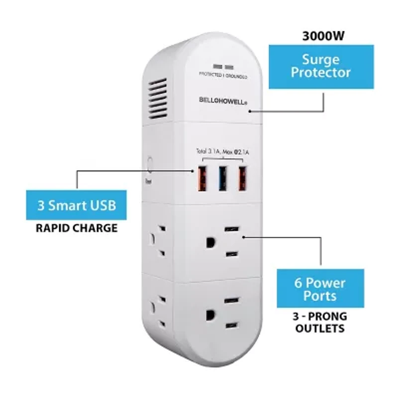 Bell + Howell Swivel Power Rapid Charging Station with 180 Degree Swiveling Design - 6 Outlets and 3 USB Ports