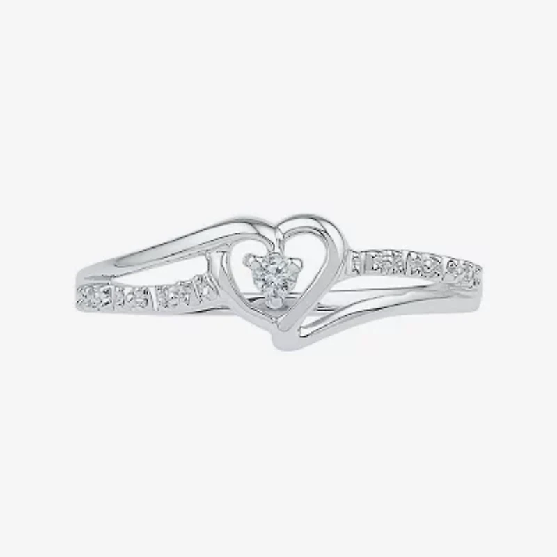 Womens Diamond Accent Natural Diamond 10K White Gold Heart Delicate Cocktail Ring